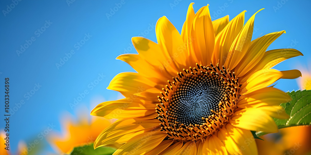 Fototapeta premium Vibrant Yellow Sunflower with Blue Sky Background - Photo
