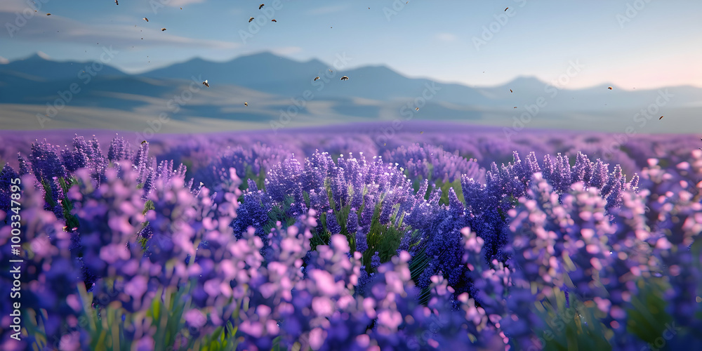 Obraz premium Lavender Field with Bees - 3D Illustration