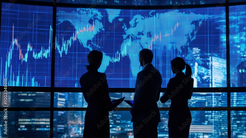 Business executives discussing financial performance in front of a large digital screen displaying market trends. Business executives discussing financial performance in front of a large digital screen displaying market trends.