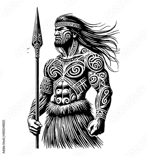 powerful Maori tribe warrior, standing tall, wearing traditional tribal attire made of woven materials