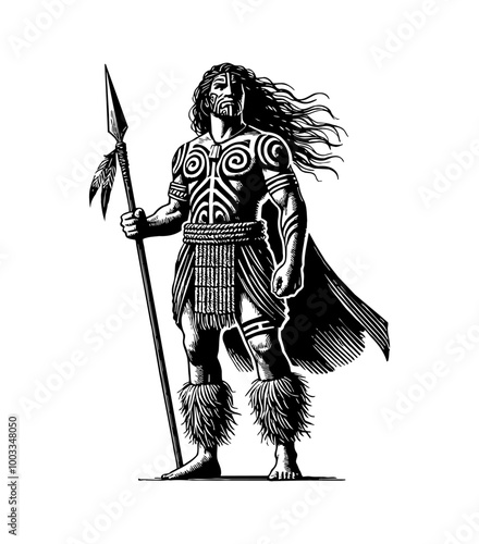 powerful Maori tribe warrior, standing tall, wearing traditional tribal attire made of woven materials