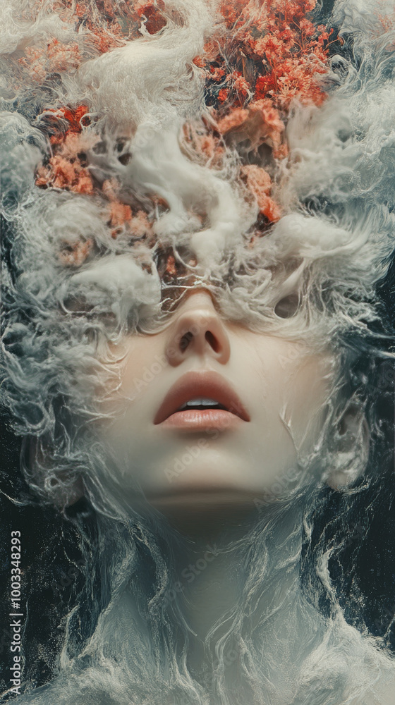 Woman's face obscured by swirling abstract smoke. Woman's face obscured by swirling abstract smoke.