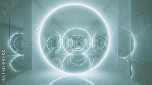 A perfect circle of mirrors reflecting soft light, creating endless reflections that fade into infinity, smooth surfaces and glowing reflections