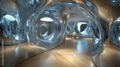 A perfect circle of mirrors reflecting soft light, creating endless reflections that fade into infinity, smooth surfaces and glowing reflections