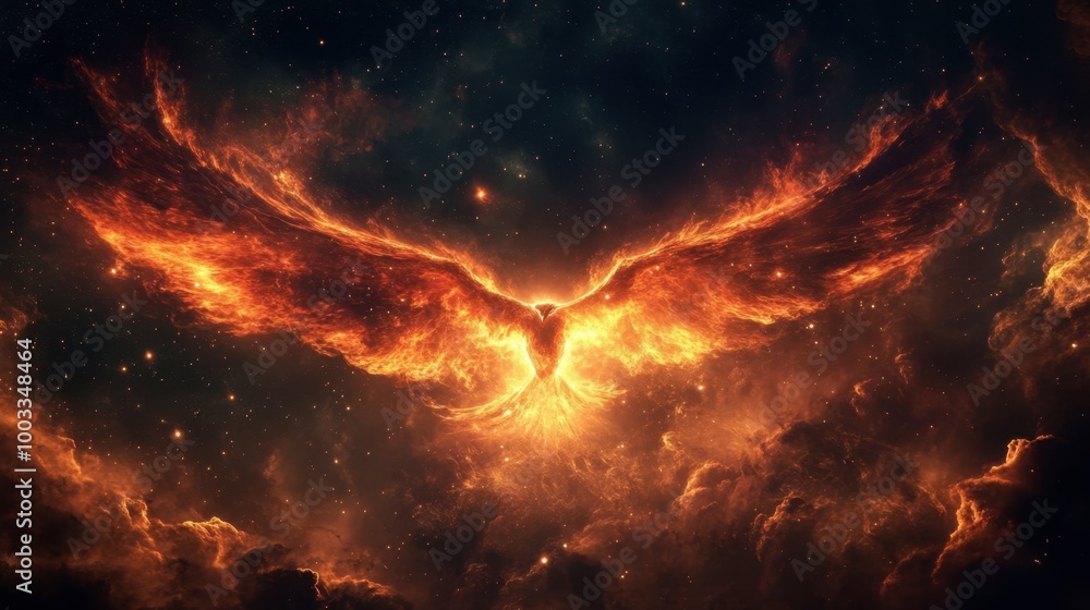A glowing nebula shaped like a cosmic eagle, with fiery red and orange gases forming its wings. A glowing nebula shaped like a cosmic eagle, with fiery red and orange gases forming its wings.