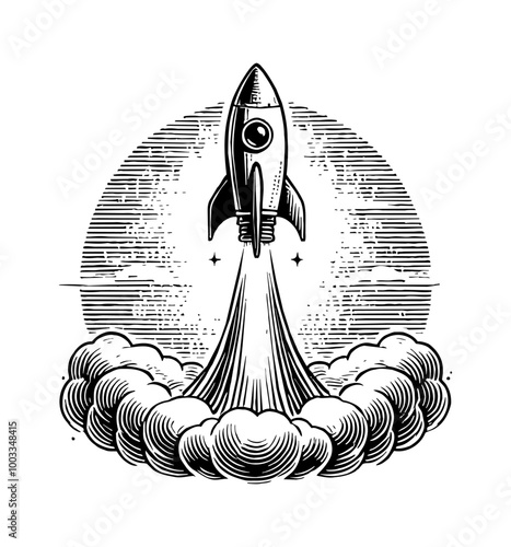 rocket launch engraving black and white outline