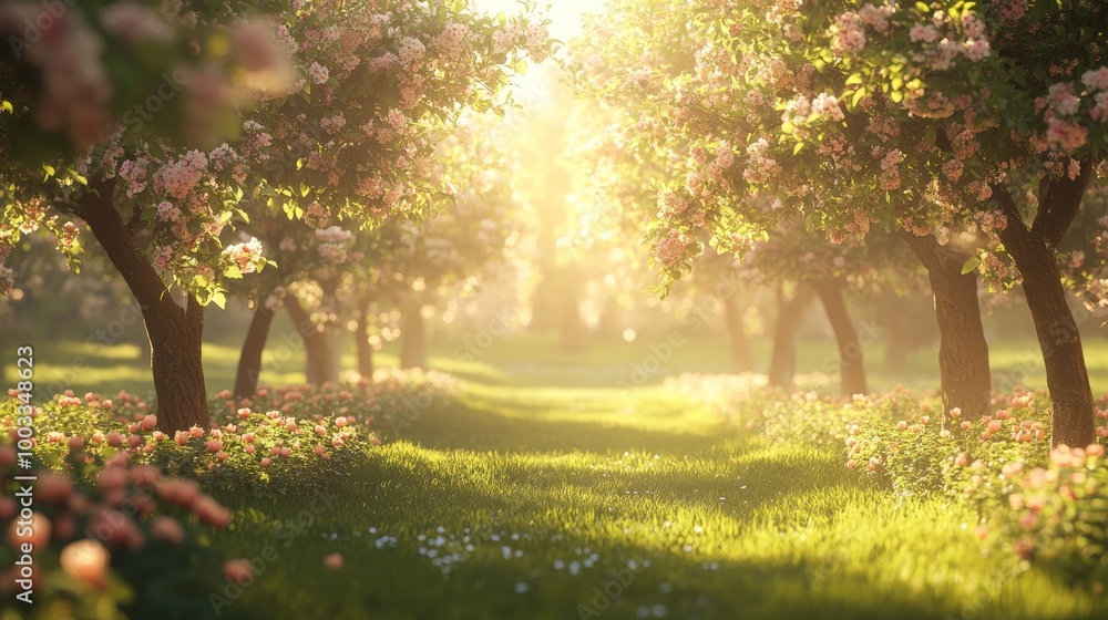 A picturesque orchard in a ring, trees covered in blossoms and fruit, creating a natural halo of abundance, soft light filtering through the canopy A picturesque orchard in a ring, trees covered in blossoms and fruit, creating a natural halo of abundance, soft light filtering through the canopy