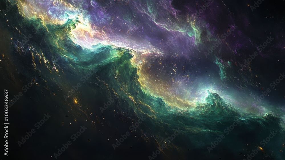 Obraz premium A massive nebula with glowing tendrils of green and purple gas, twisting and swirling across the cosmos.