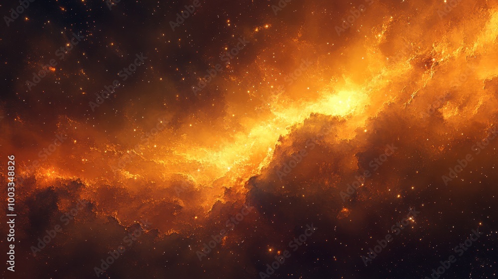 Fototapeta premium A nebula in shades of gold and orange, with distant stars shining through the glowing clouds of gas.