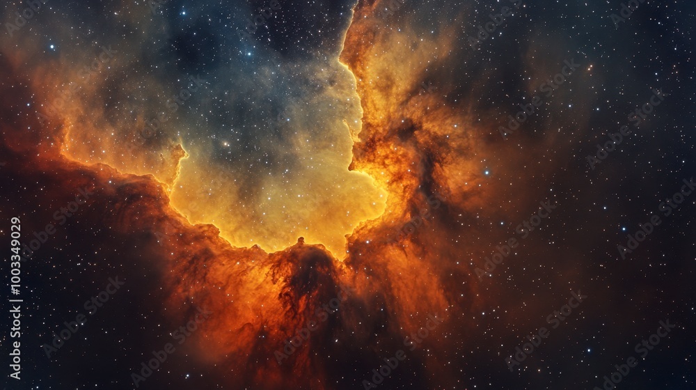 Fototapeta premium A sprawling nebula with fiery orange and yellow gases, radiating light and heat across deep space.