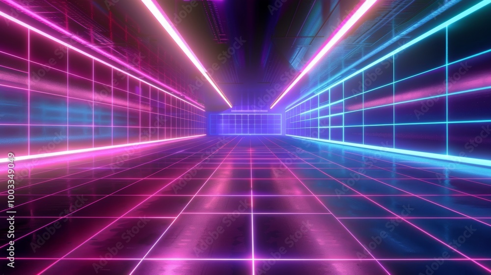 Futuristic Neon Lit Digital Corridor with Dimensional Grid Patterns Futuristic Neon Lit Digital Corridor with Dimensional Grid Patterns