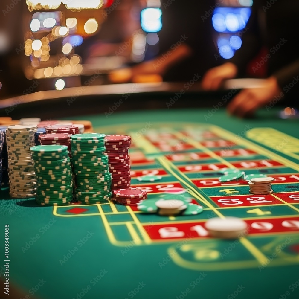 Casino roulette table with chips and cards, shallow depth of field Casino roulette table with chips and cards, shallow depth of field