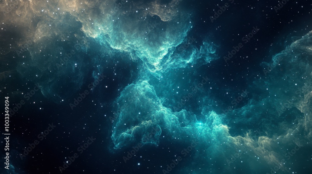 A swirling nebula with electric blue and green gases, forming intricate patterns of cosmic clouds. A swirling nebula with electric blue and green gases, forming intricate patterns of cosmic clouds.