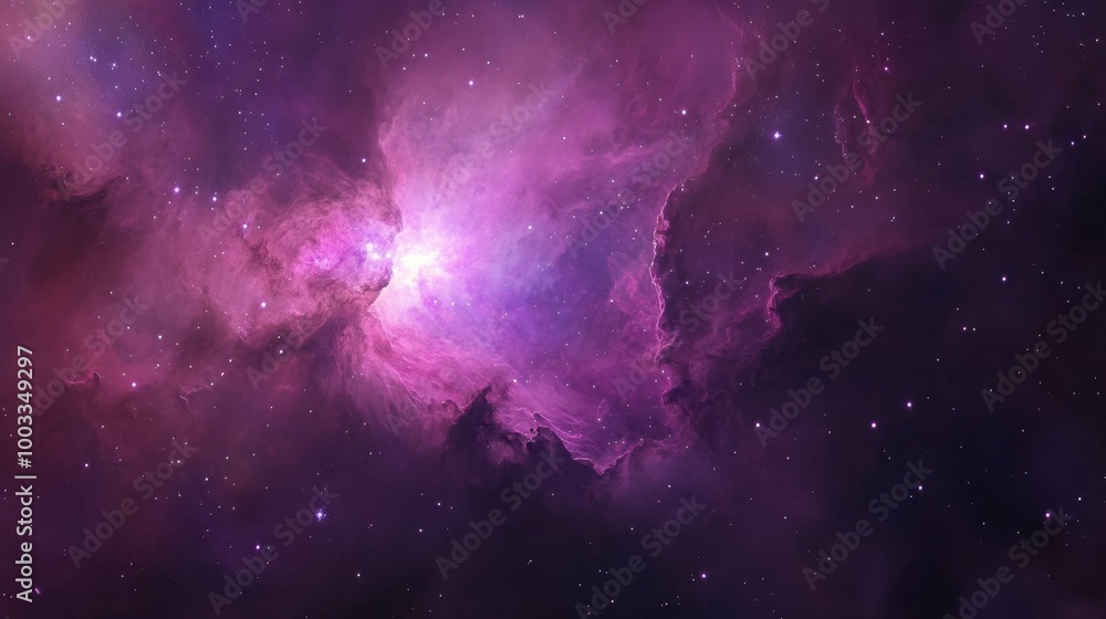 Obraz premium A vibrant magenta and violet nebula cloud swirling among countless bright stars in deep space.