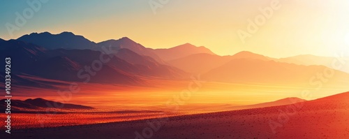 Desert landscape with mountains at sunrise, warm