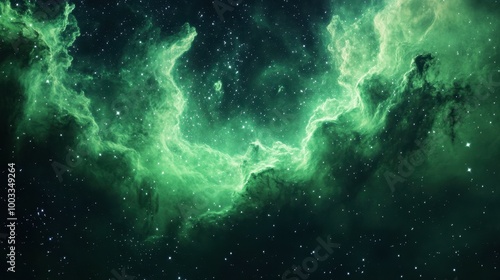 A vibrant green nebula with brilliant stars shining through its translucent clouds of interstellar dust.