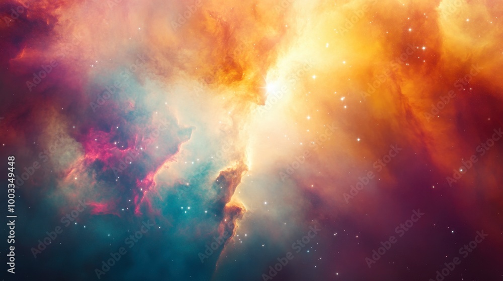 The bright core of a nebula, with radiant light streaming through colorful clouds of gas and dust. The bright core of a nebula, with radiant light streaming through colorful clouds of gas and dust.