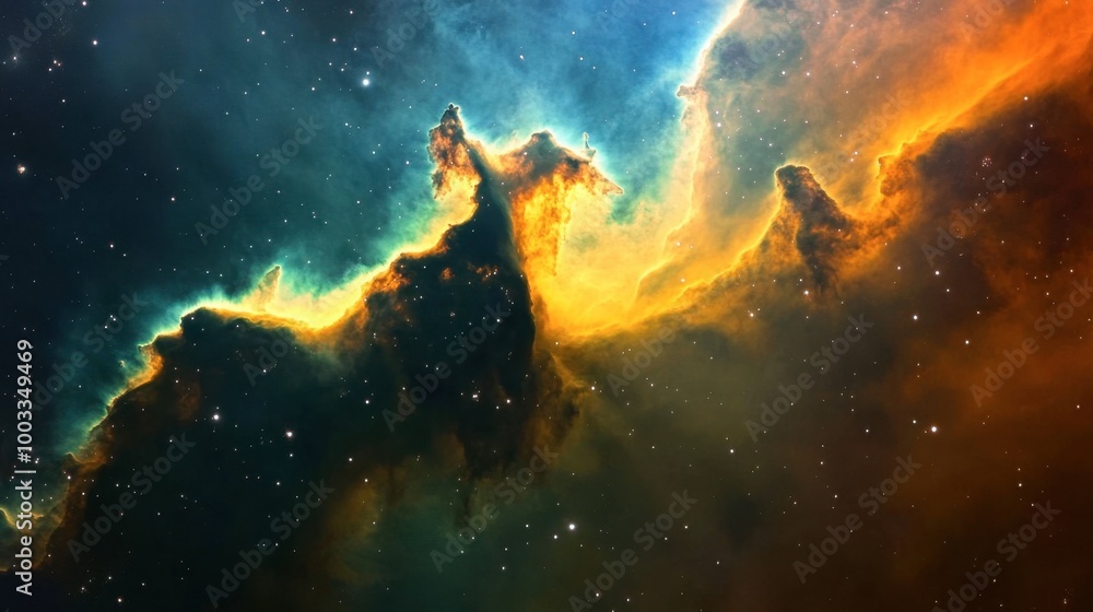 Fototapeta premium The bright core of a nebula, with radiant light streaming through colorful clouds of gas and dust.