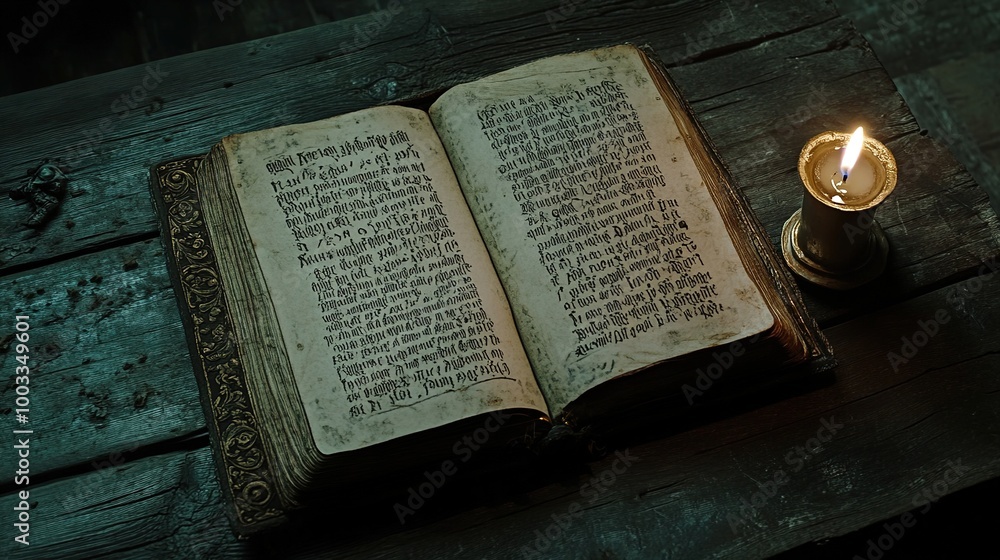 Fototapeta premium A fragment of an ancient church book resting on a wooden table, illuminated by soft candlelight. The book, bound in leather, lies open to a page of handwritten text in Church Slavonic, 