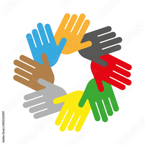 Colored hands circle. Symbol of unity. Diversity and cooperation. Vector illustration.