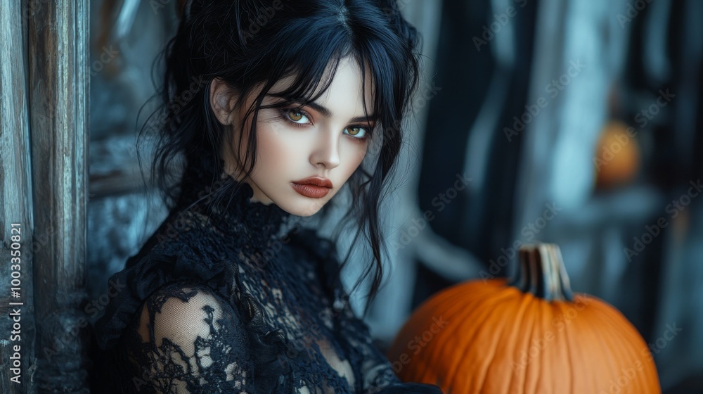 Dark Gothic Halloween Aesthetic with Pumpkins and Mysterious Girl Dark Gothic Halloween Aesthetic with Pumpkins and Mysterious Girl