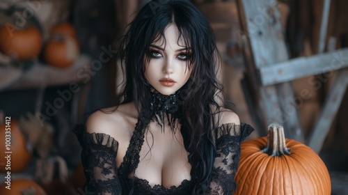 Dark Gothic Halloween Aesthetic with Pumpkins and Mysterious Girl