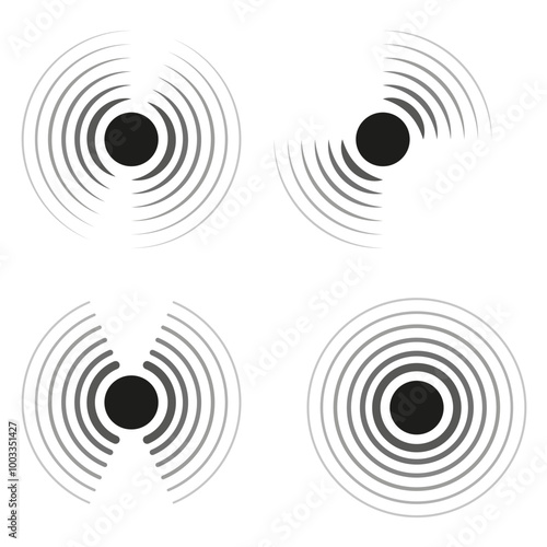 Radial pattern set. Circular concentric shapes. Vector abstract lines. Black and gray elements.