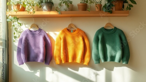 Three vibrant sweaters in different hues tidily arranged on a wall, coziness and appeal. photo