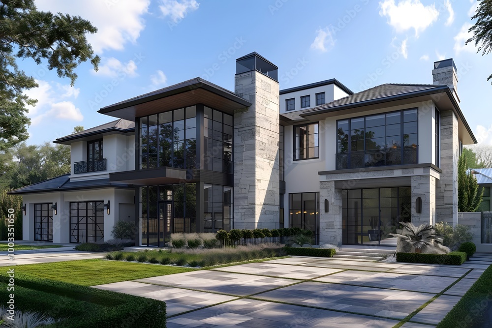 Modern Luxury Home Exterior 3D Illustration with Stone Facade and Large Windows Modern Luxury Home Exterior 3D Illustration with Stone Facade and Large Windows