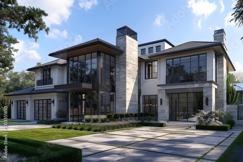 Modern Luxury Home Exterior 3D Illustration with Stone Facade and Large Windows