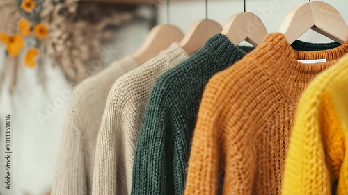Three cozy sweaters in varied colors neatly hung on a wall, warmth and style.