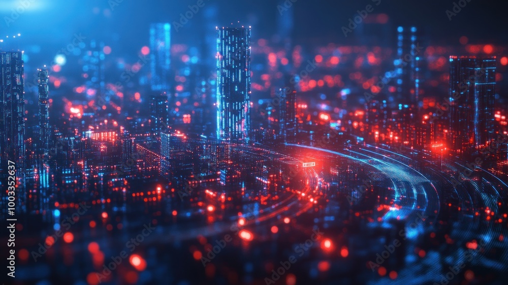 Obraz premium Futuristic Cityscape with Red and Blue Lights