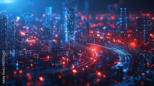 Futuristic Cityscape with Red and Blue Lights