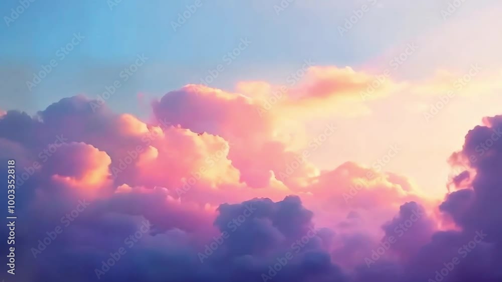 A captivating image of a sky filled with fluffy pink and purple clouds, bathed in a soft, ethereal light. The clouds create a dreamlike, abstract pattern, adding a touch of magic to the scene.
