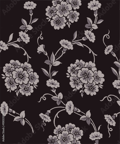  black and white floral pattern with stylized flowers and leaves on a black background.