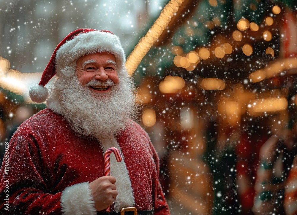 Santa, with a christmas gift candy cane, present bag in hand stands on snow-filled, festive street, village blur background, making scene for Christmas marketing, holiday campaigns. Santa, with a christmas gift candy cane, present bag in hand stands on snow-filled, festive street, village blur background, making scene for Christmas marketing, holiday campaigns.