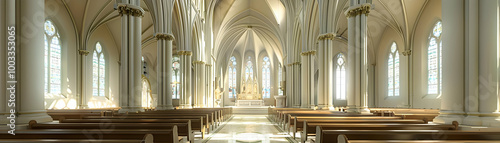 3D Illustration of Church Interior with Stained Glass Windows and Pews