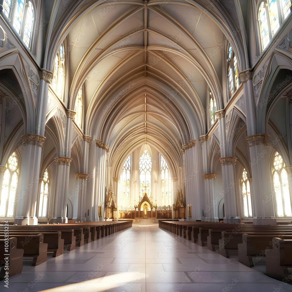 Fototapeta premium Interior of a Church with High Vaulted Ceilings and Stained Glass Windows - 3D Illustration
