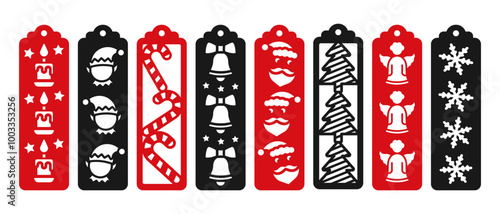 Christmas vertical bookmark designs with winter holiday pattern. Laser cut template. Decorative bookmark stencil for paper, wood and metal cutting