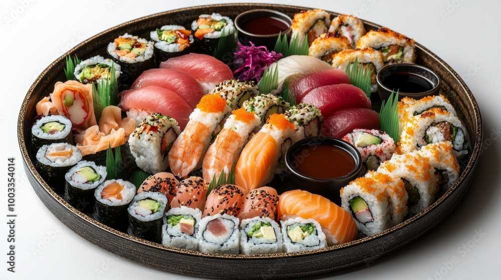 A round sushi platter showcasing assorted rolls and sashimi, artfully placed dipping sauces in small bowls around the edges, minimalist presentation A round sushi platter showcasing assorted rolls and sashimi, artfully placed dipping sauces in small bowls around the edges, minimalist presentation