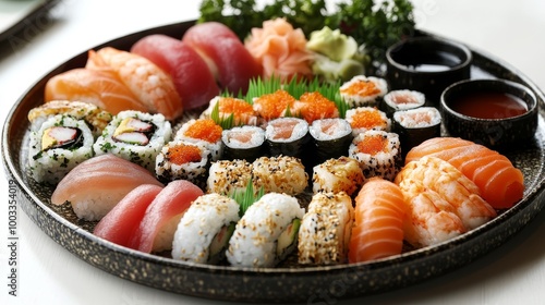 A round sushi platter showcasing assorted rolls and sashimi, artfully placed dipping sauces in small bowls around the edges, minimalist presentation