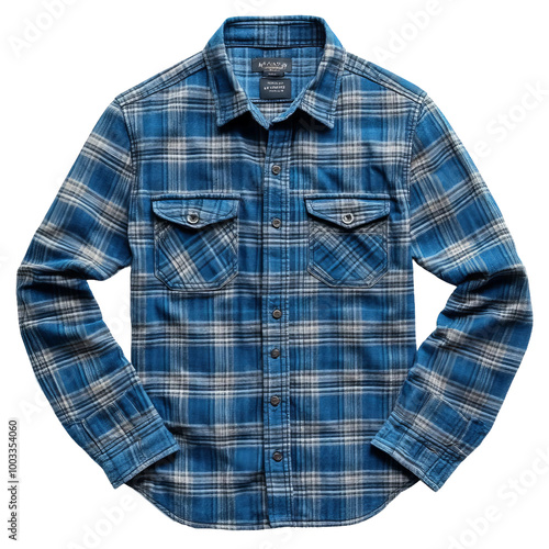 Blue flannel buttonup shirt isolated on white background