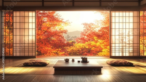 Japanese Room with Autumn View