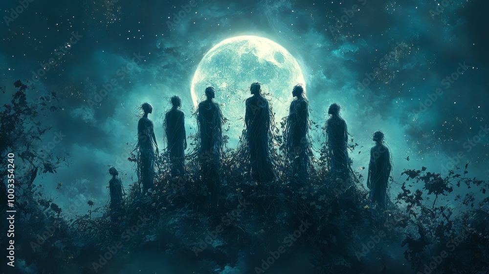 Obraz premium A serene depiction of interconnected souls standing in a circle, with their forms fading from life to death and blossoming again into life, under the moonlight