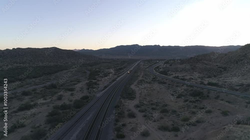 Aerial of Mountains, trains and Route66 road in Mohave County, Arizona, United States, USA Aerial of Mountains, trains and Route66 road in Mohave County, Arizona, United States, USA