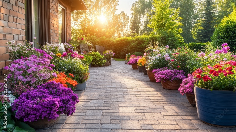 Naklejka premium A serene patio adorned with a circle of vibrant planters, overflowing with colorful blooming flowers, creating a calming outdoor oasis, soft sunlight