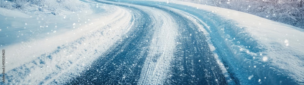 Obraz premium Serene winter scene of a winding road covered in fresh snow with gentle snowfall and soft sunlight illuminating the landscape.