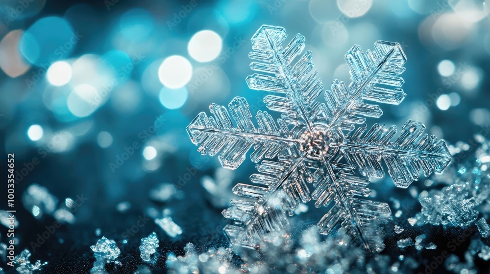 Close-up of a delicate snowflake with sparkling bokeh effects, capturing the beauty of winter's natural crystals and icy elegance. Close-up of a delicate snowflake with sparkling bokeh effects, capturing the beauty of winter's natural crystals and icy elegance.