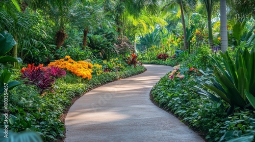 A smooth circular pathway through a lush botanical garden, vibrant rare flowers and exotic plants creating a peaceful natural sanctuary