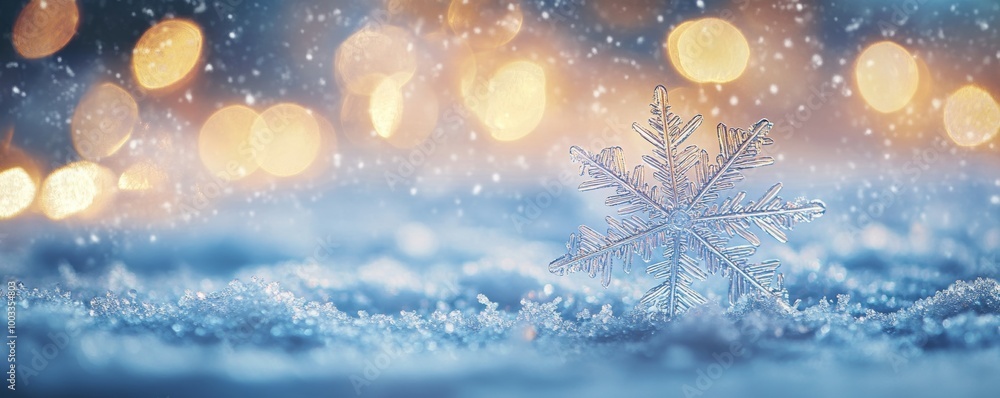Naklejka premium Snowflake resting on glittering snow with bokeh